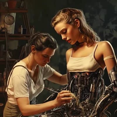 AI generated video:  A woman scientist works on a female robot, they speak to each other, the camera slowly moves in  