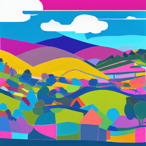 AI generated: A vibrant, colorful landscape with distinct geometric shapes and clear outlines, featuring [a small ...