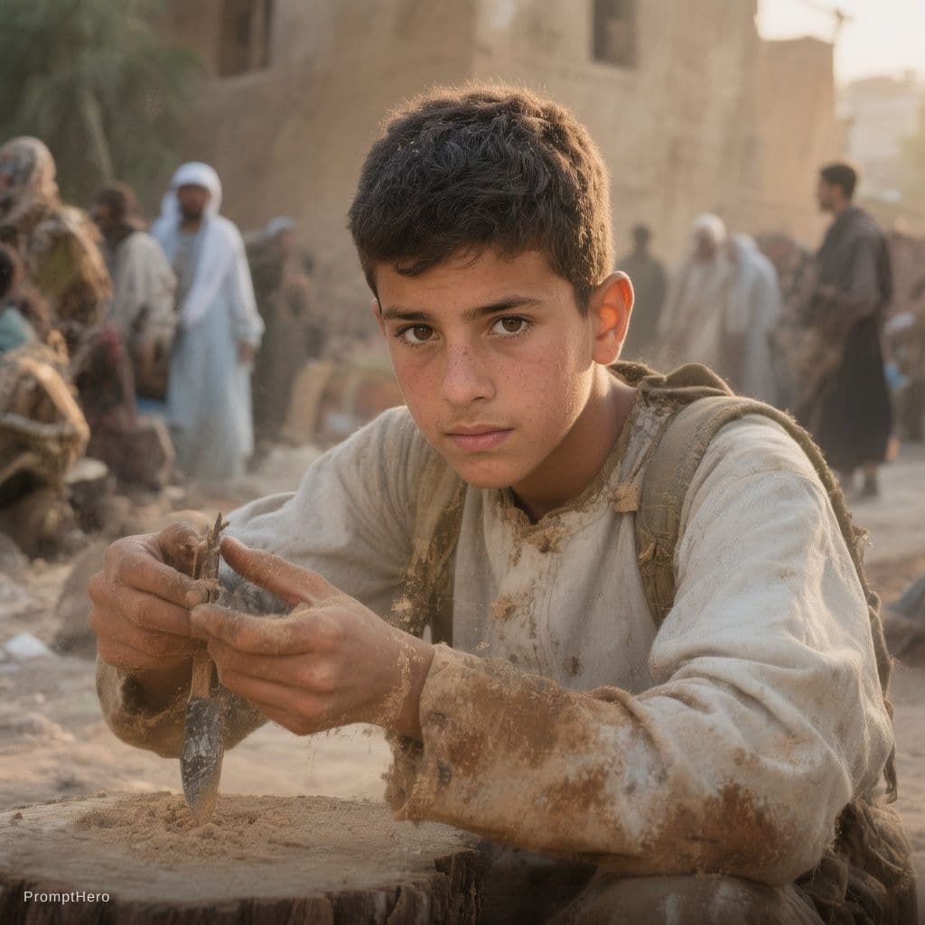 AI generated: Acute Arabic boy setting up in the background 