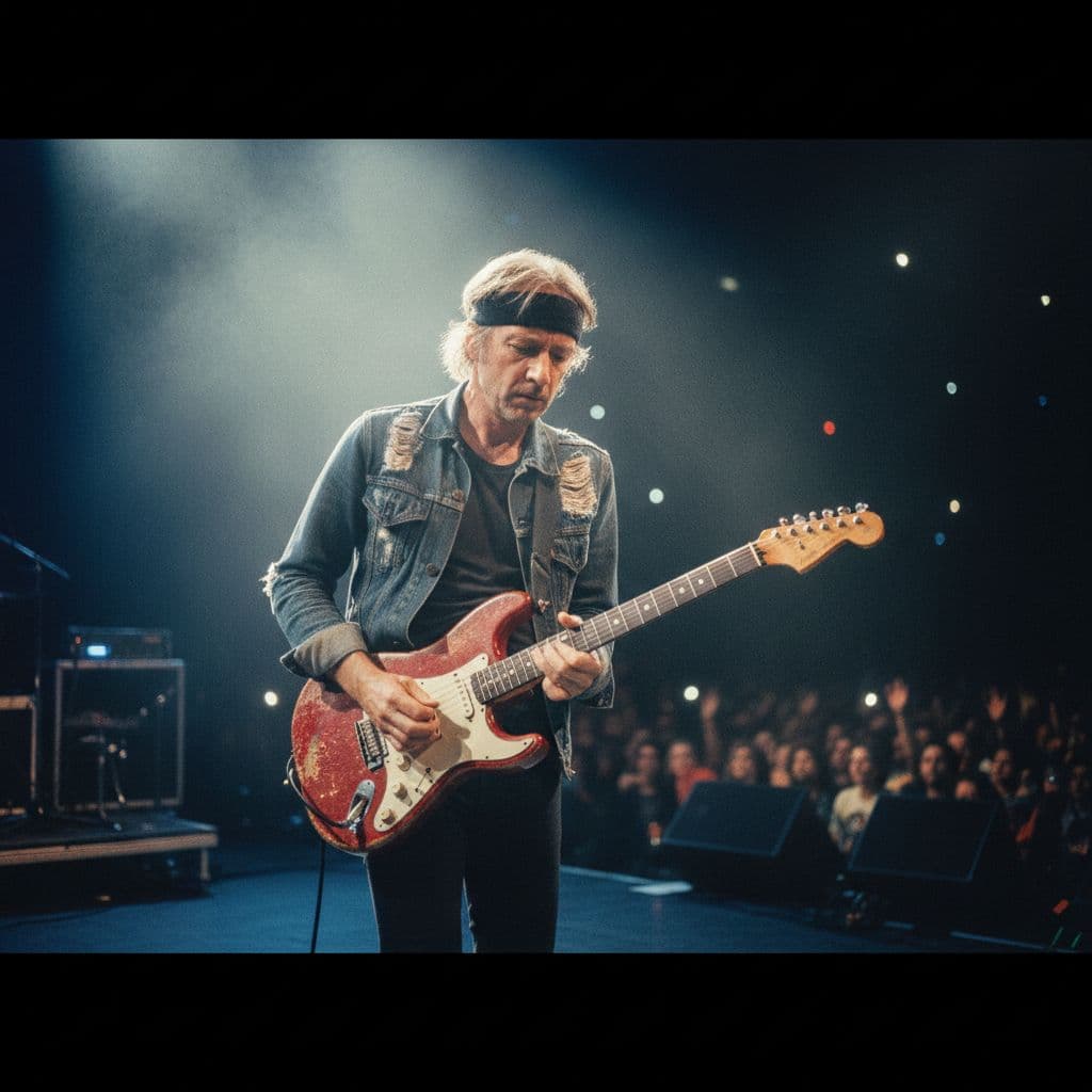 AI generated: Mark Knopfler performing live on stage in the 1980s, wearing a headband, playing electric guitar in ...