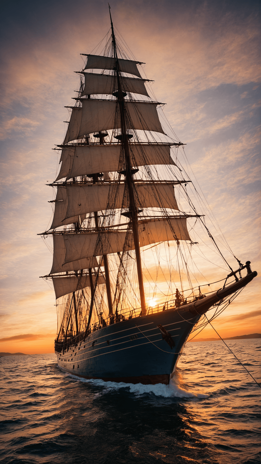 AI generated: photo of a sailing ship, sunrise, low angle,art