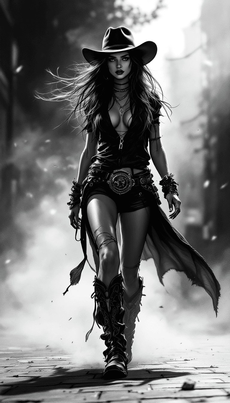 AI generated: A digital drawing of an urban cowgirl, full body, walking on the street, wearing cowboy boots and ha...