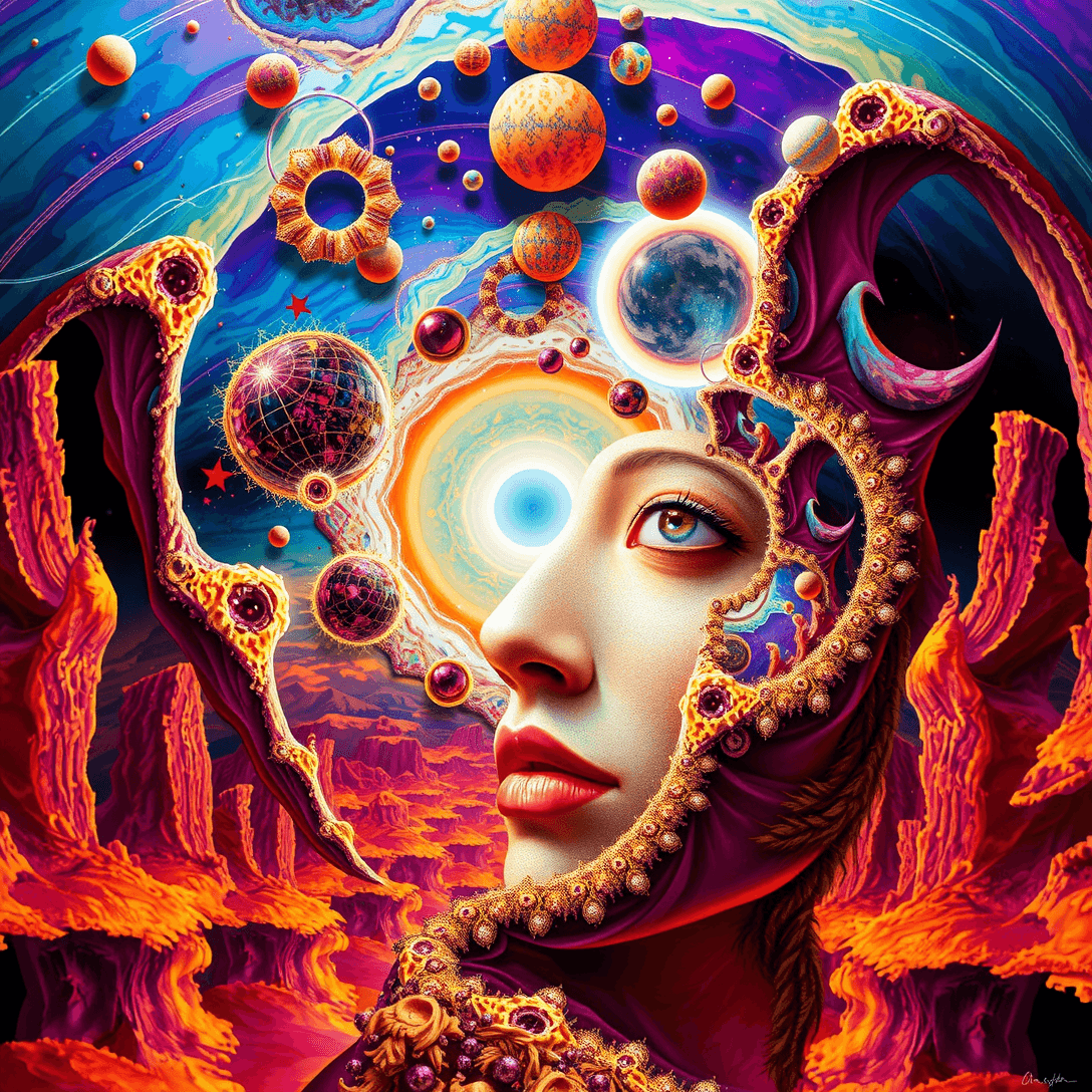 AI generated: LSD hallucination, Fluorescent vortex, fractal landscapes, melting faces, distorted reality, dreamli...