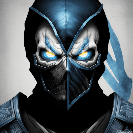 AI generated: Sub Zero from Mortal Kombat, skull face, cold white dull lifeless blue eyes, very scary character, c...