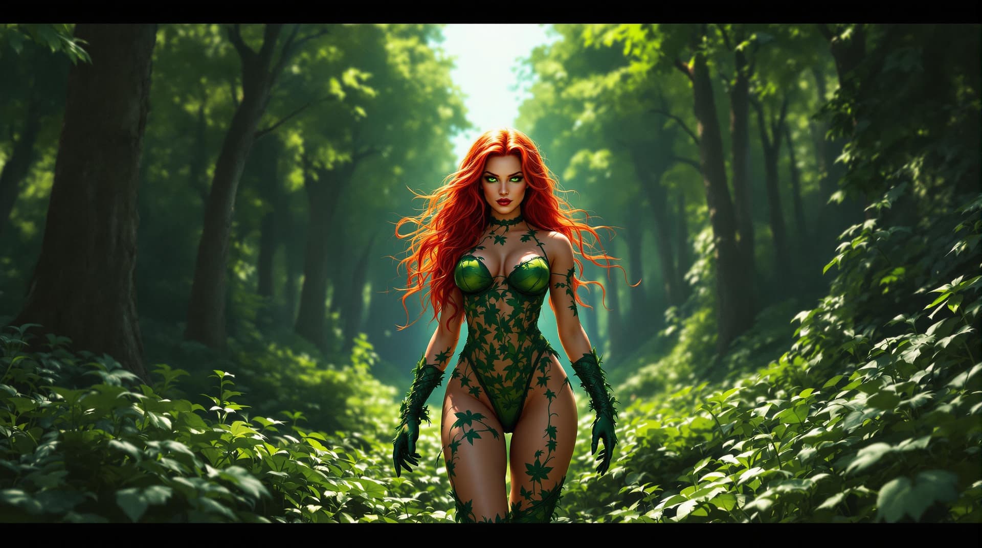 AI generated: This wide-angle digital illustration of a woman dressed as Poison Ivy showcases her striking feature...