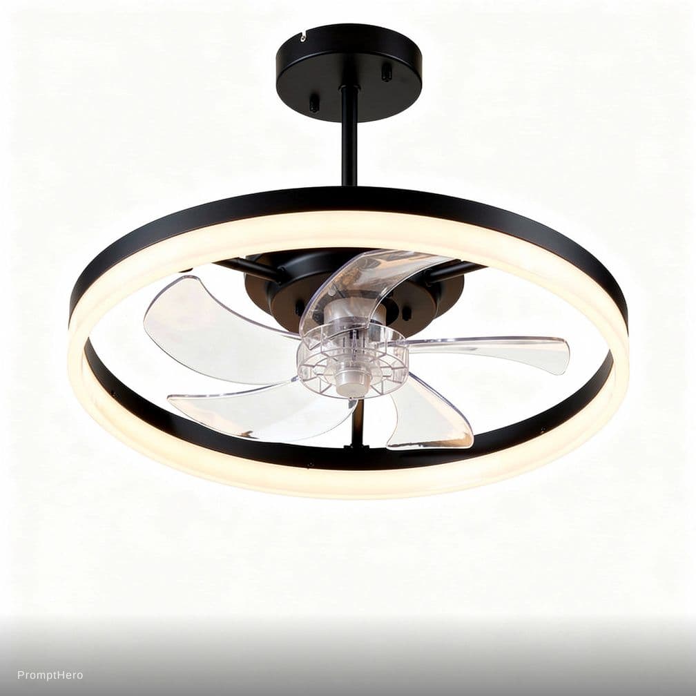 AI generated: Amazon main image, modern minimalist ceiling fan with light, circular double ring design, black meta...