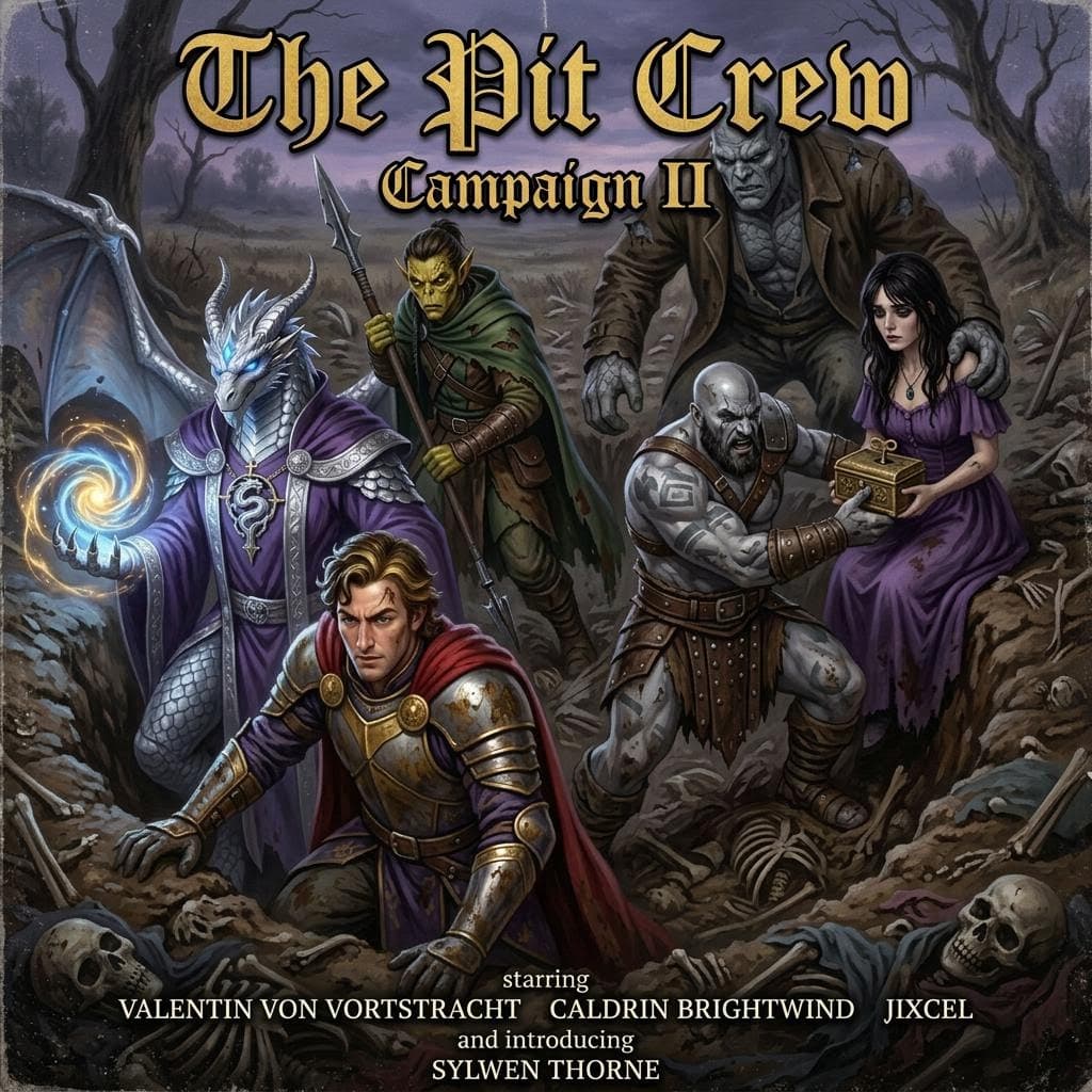 AI generated: Movie poster titled in old english lettering "The Pit Crew" subtitled "Campaign II" at the top and a...