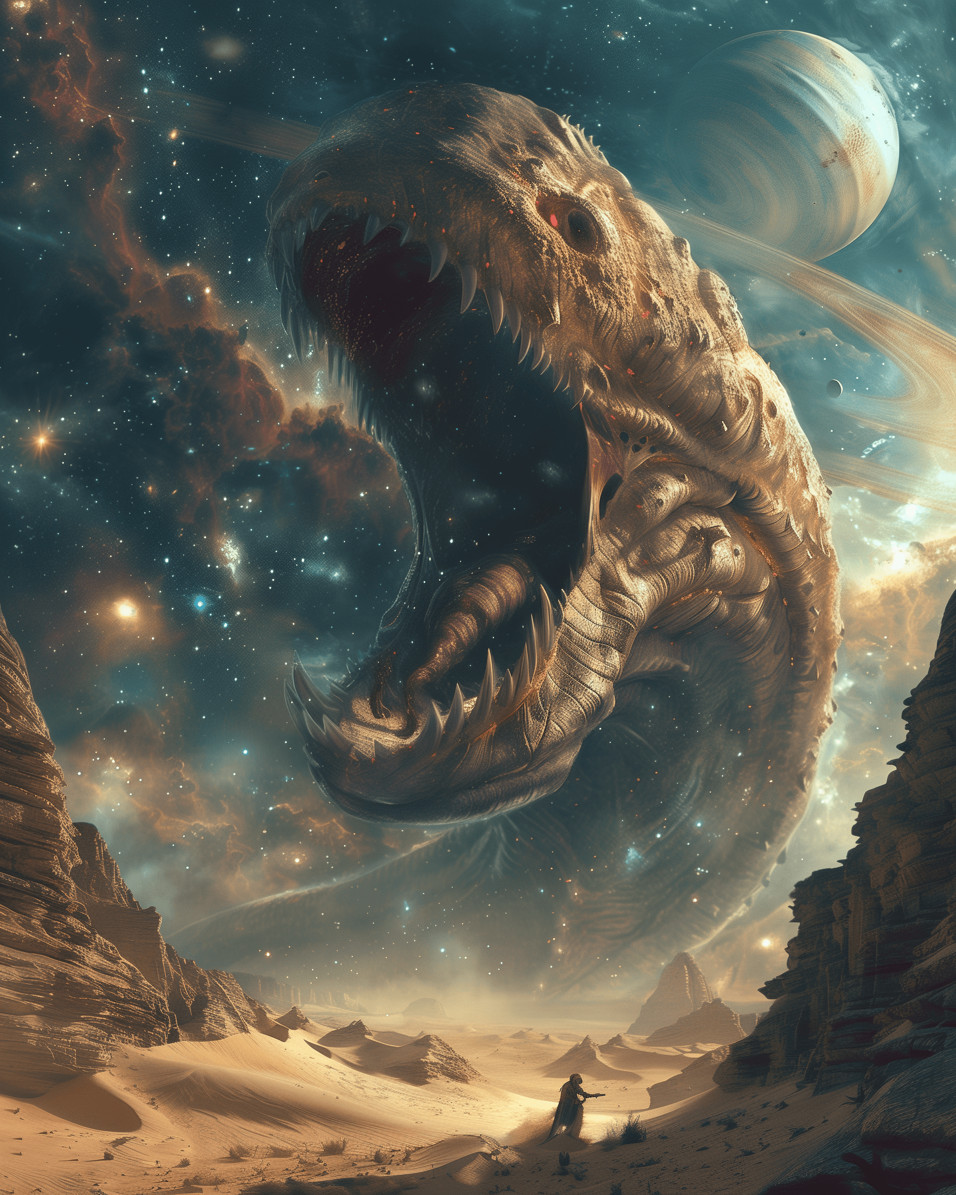 AI generated: Dune enormous big worm in desert, scary teeth, surrounded by galaxies and stars, creating an otherwo...
