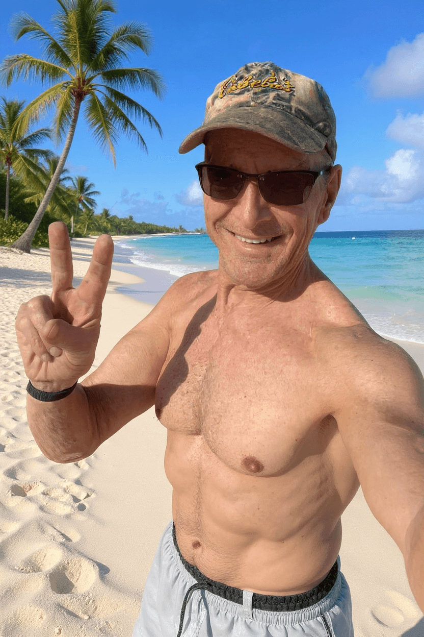 AI generated: Make reference image naked. Replace background with tropical beach and ocean