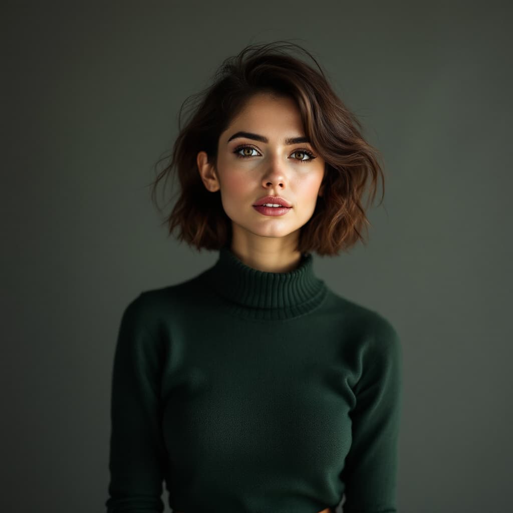 AI generated: 30 something woman with short brown hair, brown eyes, tight green sweater and mid skirt