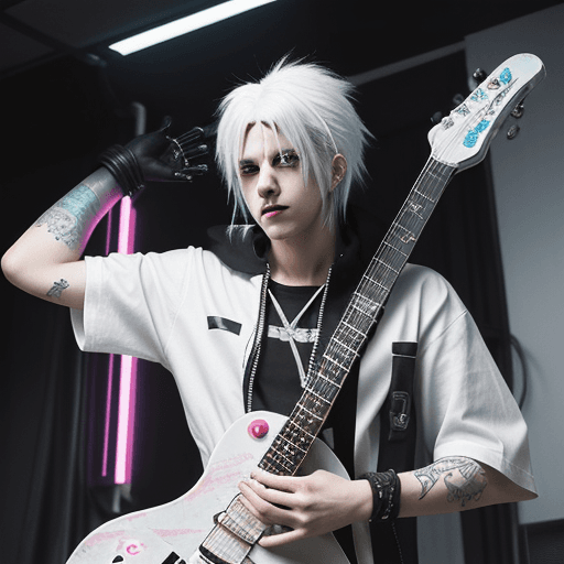 AI generated: anime, rocker, man with guitar, white hair, cyberpunk, a little bit neon