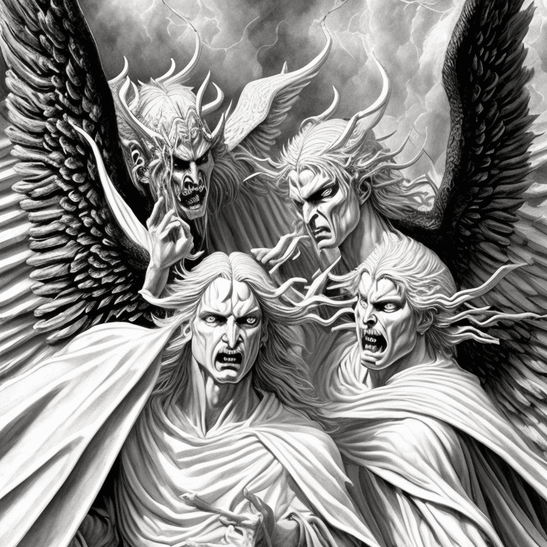 AI generated: Extremely detailed illustration of an angel and a demon facing each other. Perfectly detailed angel....