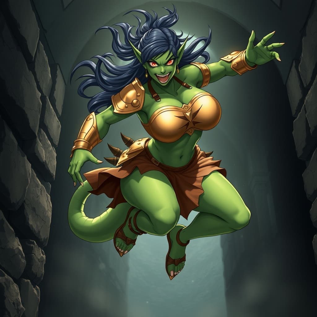 AI generated: Anime. An animated Anime monster warrior is seen mid-leap with a sword, its arms spread, ready for a...