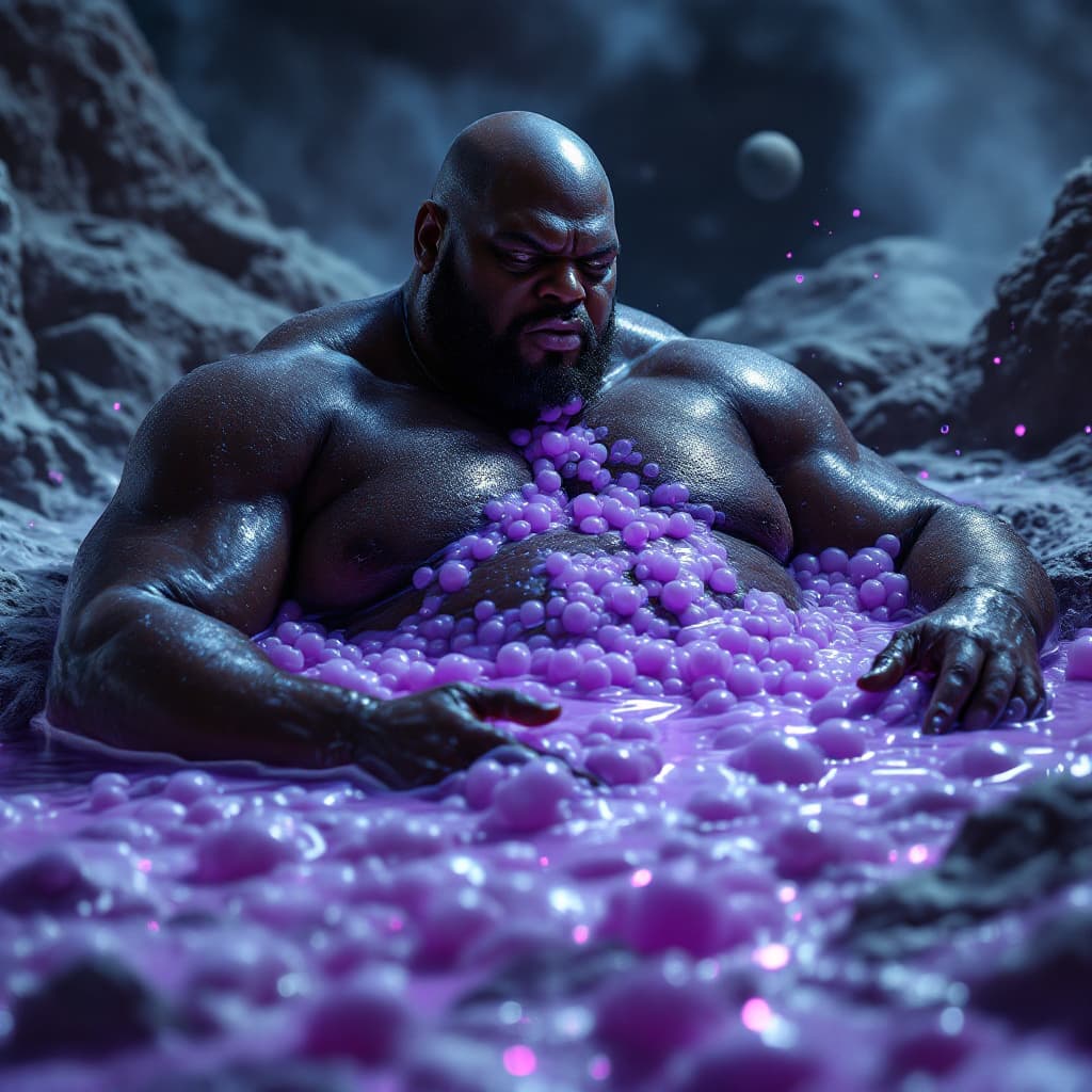 AI generated: dave blunts a big very very fat bald black rapper with no facial hair bathing in 1000 cups of purple...
