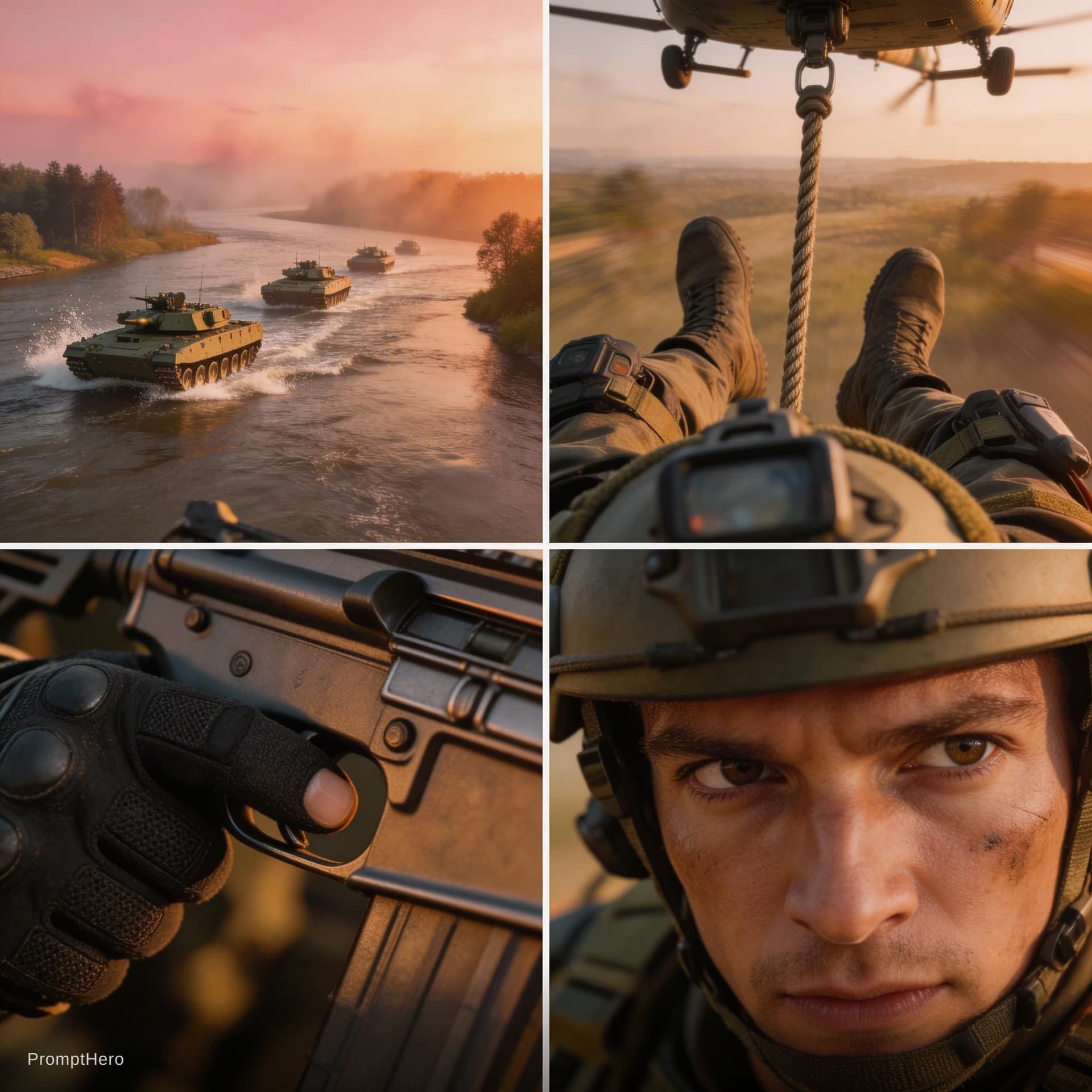 AI generated: A clean, professional 2x2 grid collage of high-impact tactical imagery: 1. A dramatic drone view of ...