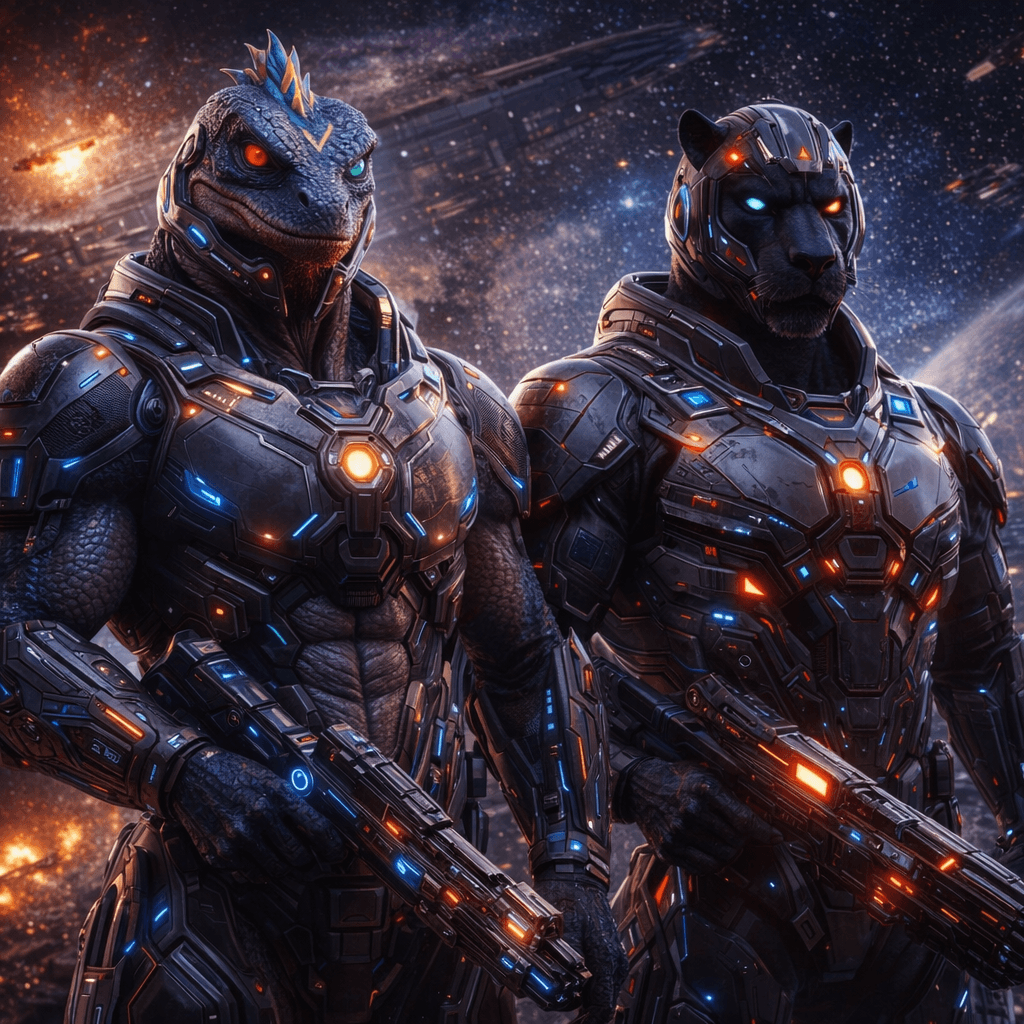 AI generated: Using the reference images one and two. Create Space Combat suits for the characters in images three...