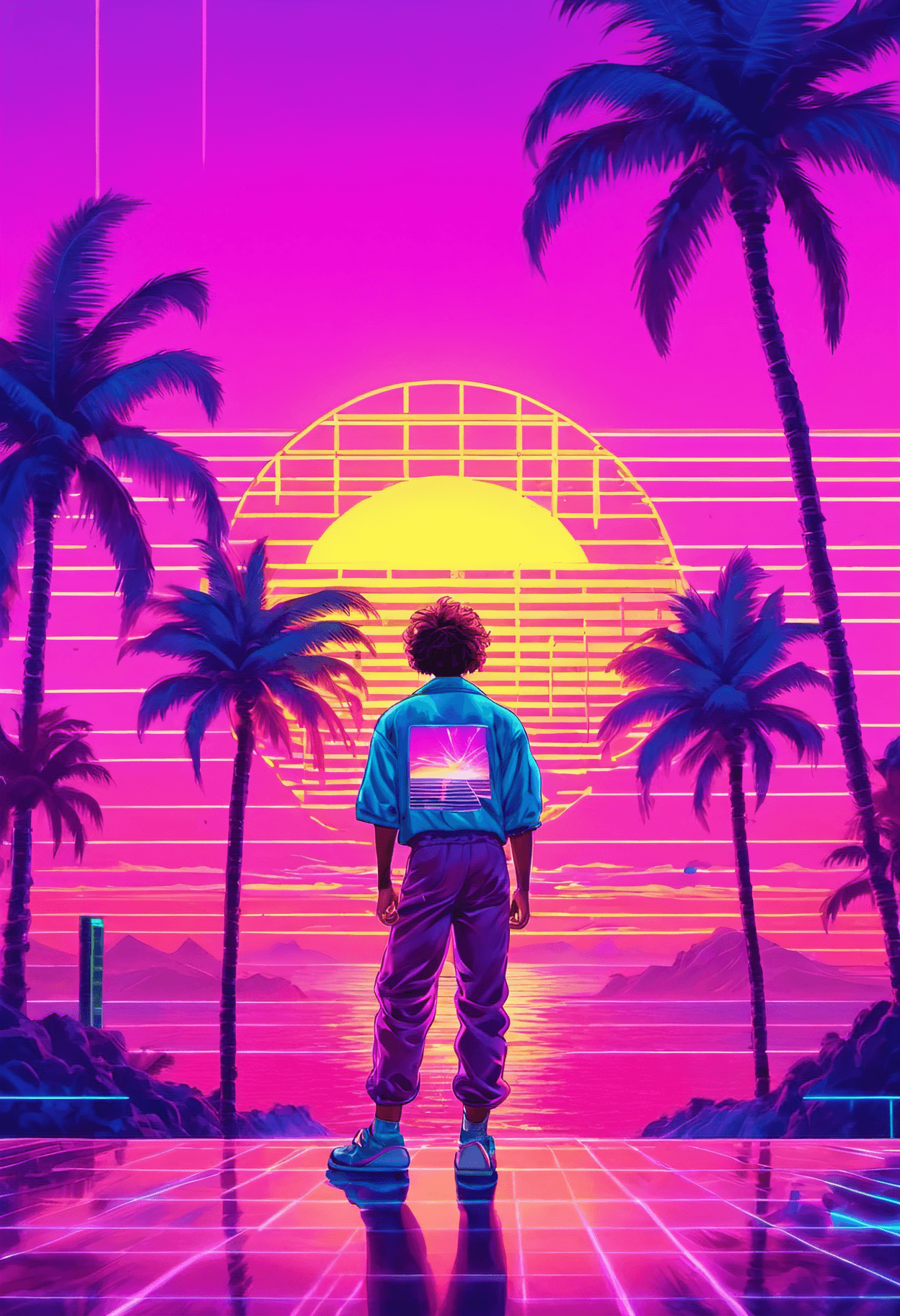AI generated: 80s retro vaporwave , a teenage boy, Grid art, sunsets, neon palms, vibrant nostalgia, retro futuris...