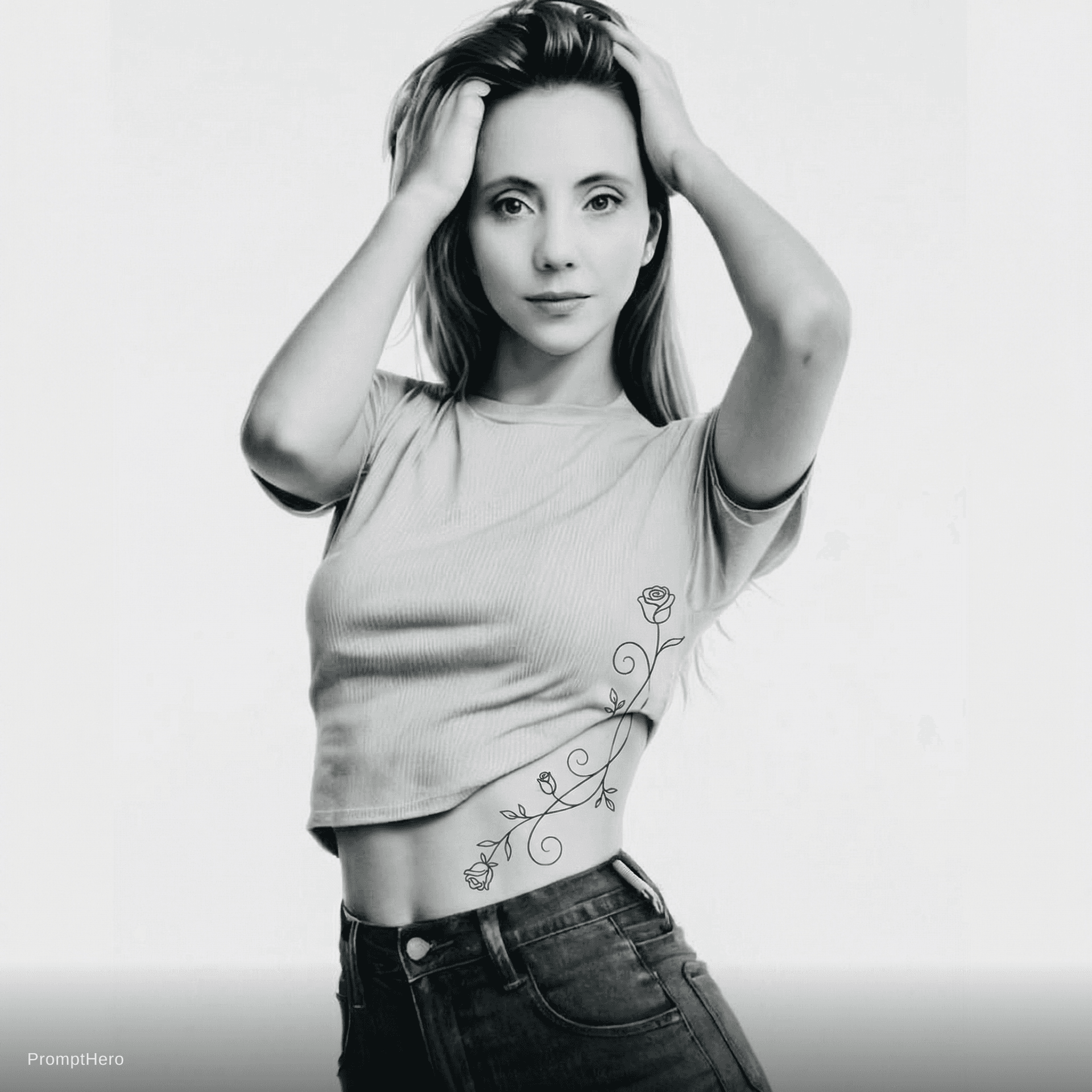 AI generated: Create an image of this model wearing something that allows the tattoo that trails along her side fr...