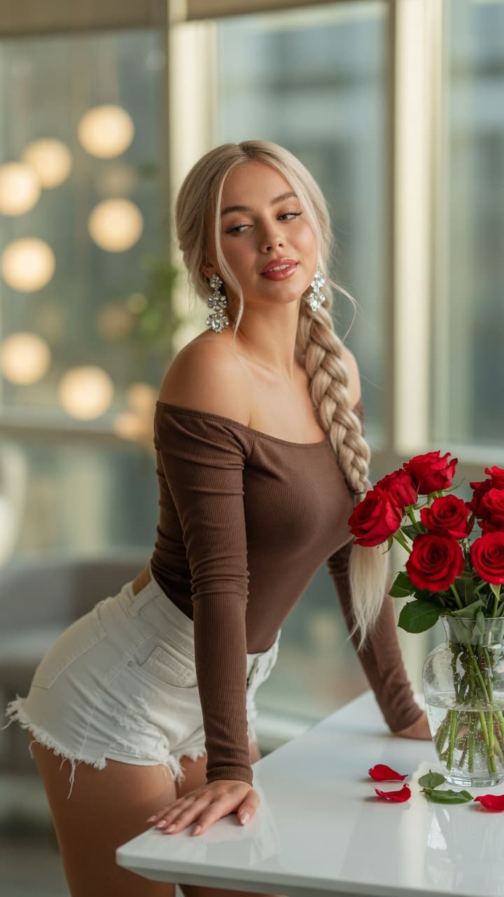 AI generated: Ultra-realistic photography of a stunning young woman with long blonde hair in a thick side braid wi...