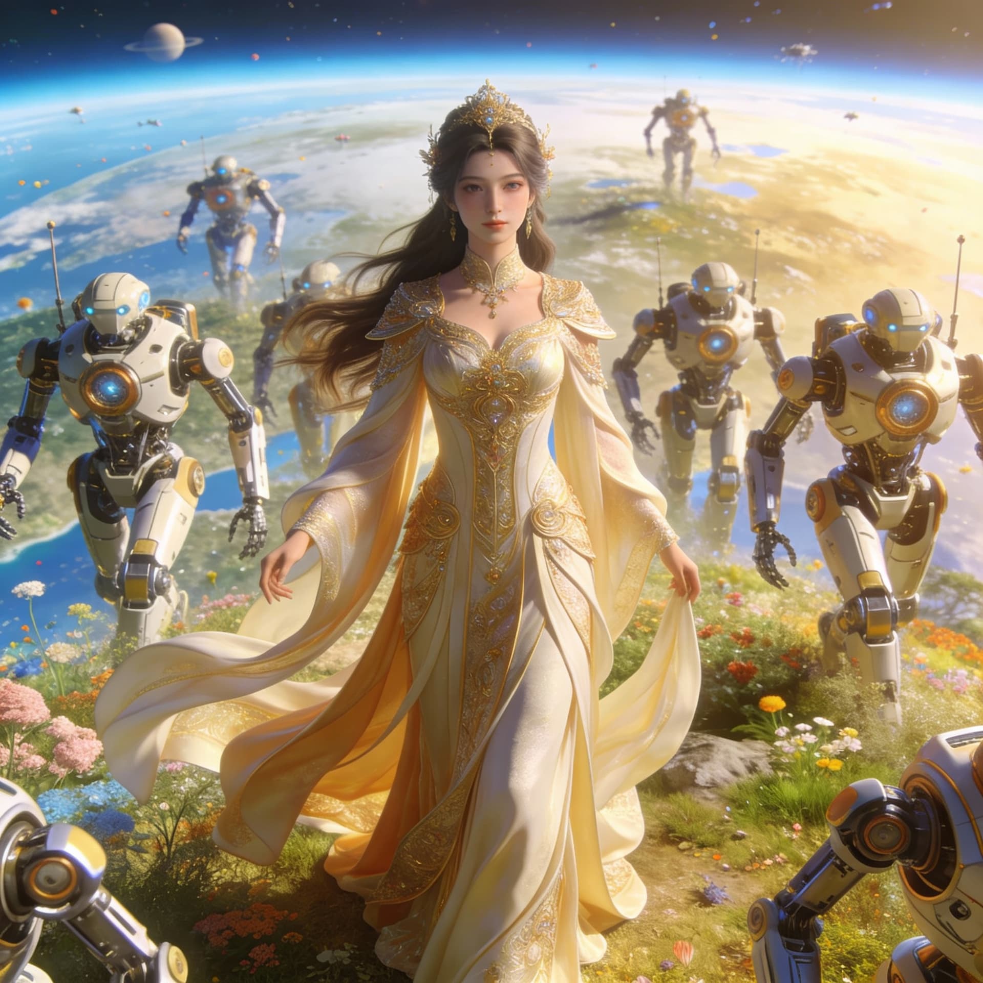 AI generated: Create a visual, show these forces as a peaceful invasion occupying force upon a planet. The figure ...