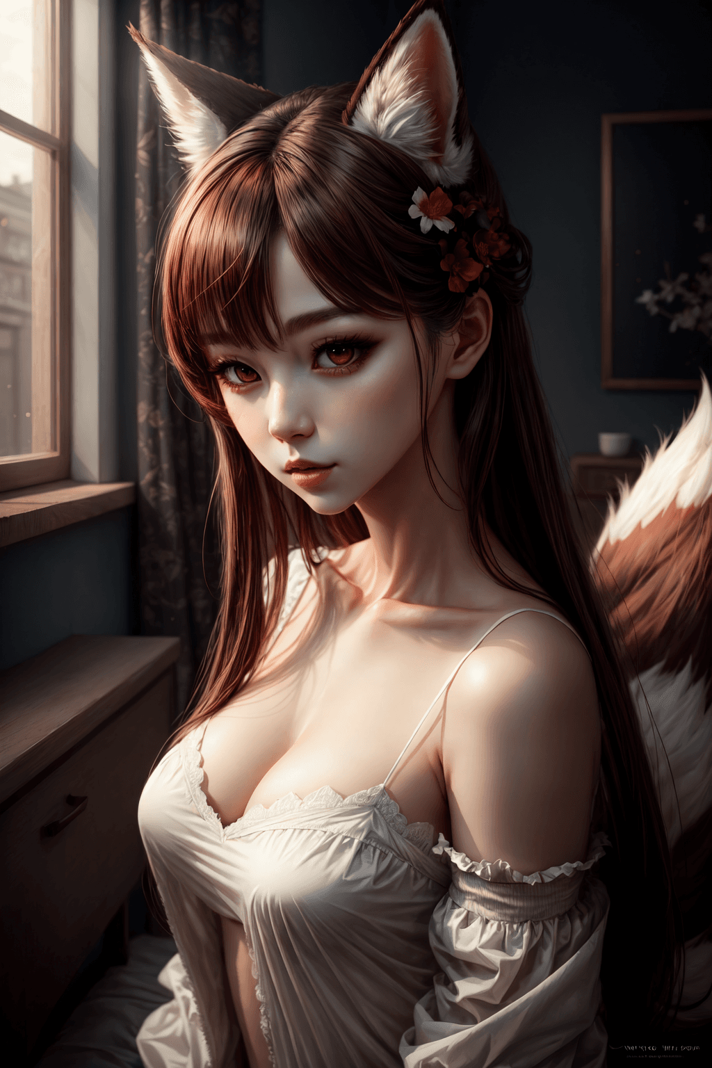 AI generated: fluffy nine-tailed fox girl by Wlop and Guweiz, Hyper-realistic, photography, real, professional, 8k...