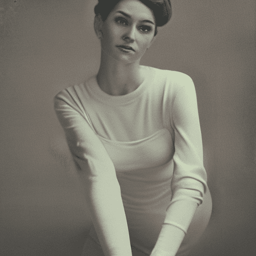 AI generated: A full-length portrait of a woman with a serene expression and a tousled updo. The soft, warm lighti...
