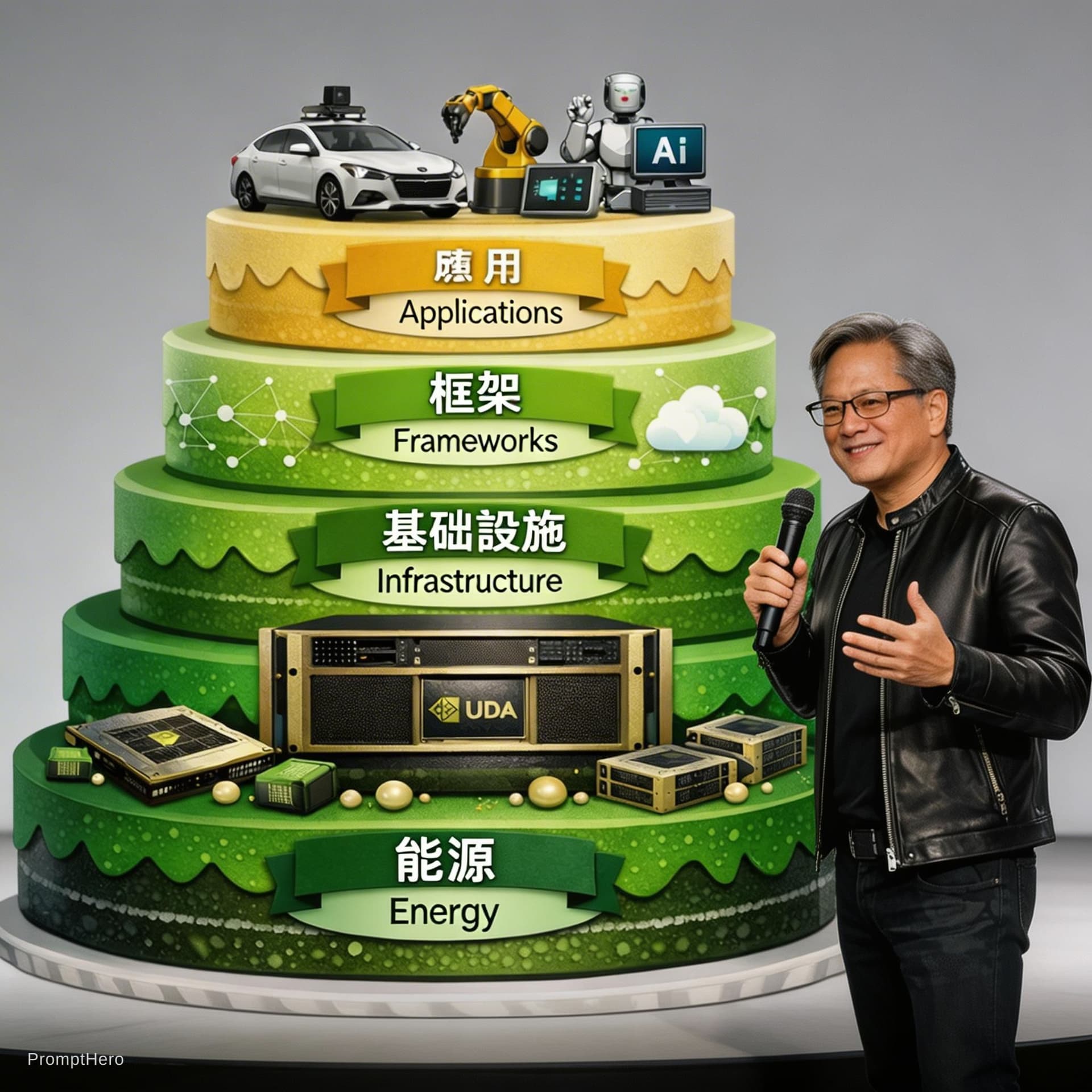 AI generated: A high-end professional tech keynote presentation scene.

Center: a five-layer green platform struct...