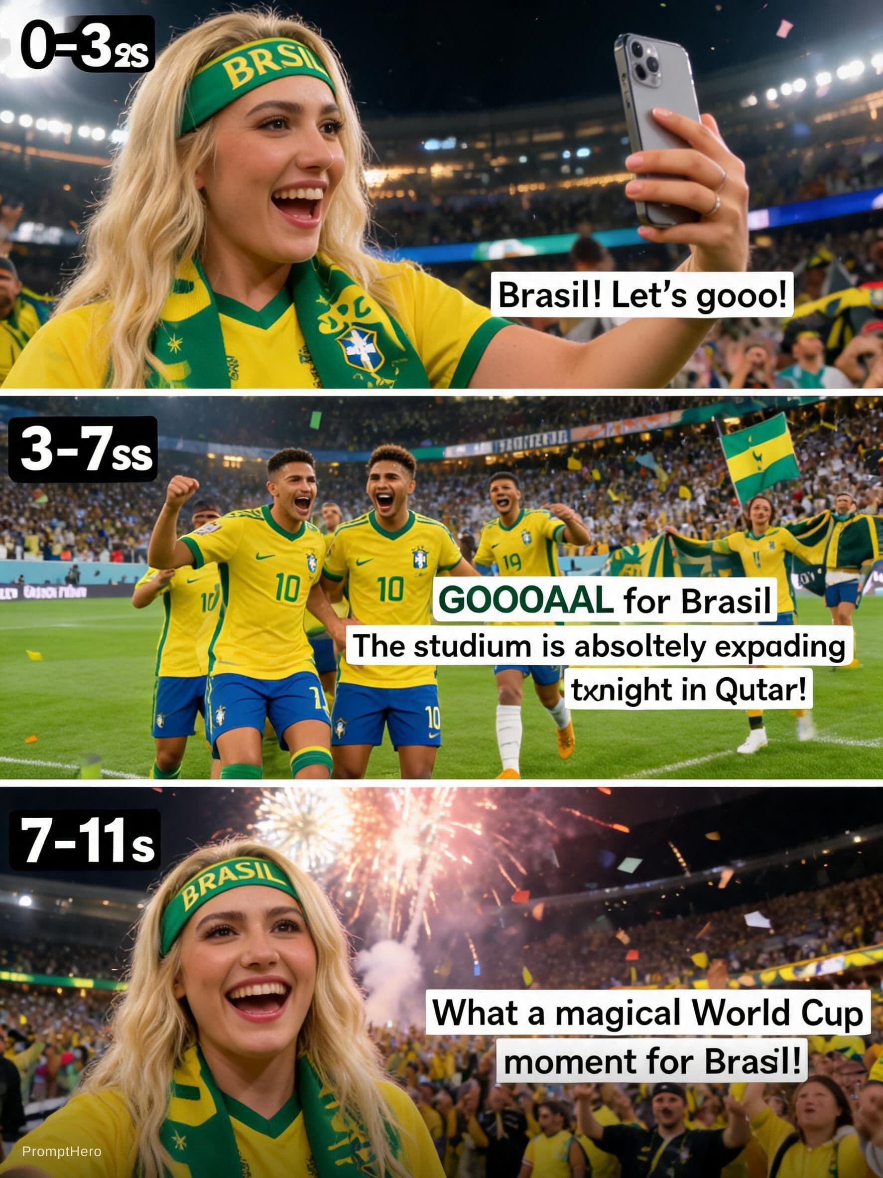 AI generated: ultra-realistic live-action sports documentary style, packed FIFA World Cup 2022 Qatar stadium at ni...