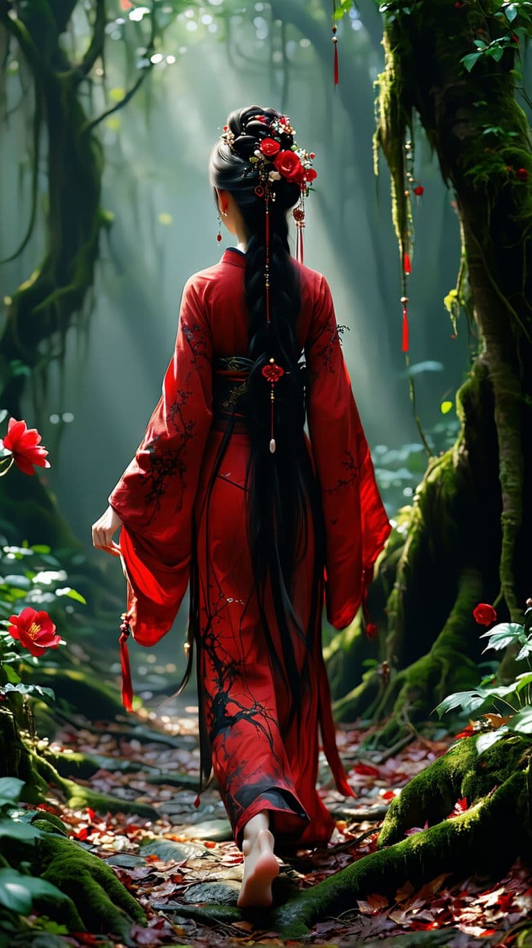 AI generated: A stunning, elegant woman in a dark, enchanted forest walks barefoot, (((showing her feet))) on the ...