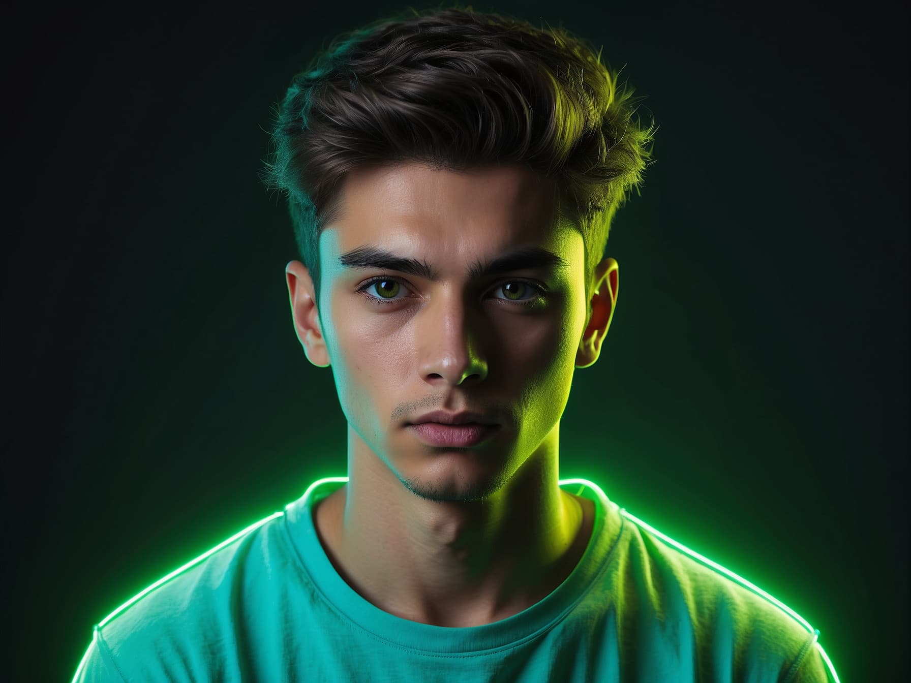 AI generated: a man in a green shirt is posing for a picture, a character portrait by Radi Nedelchev, featured on ...
