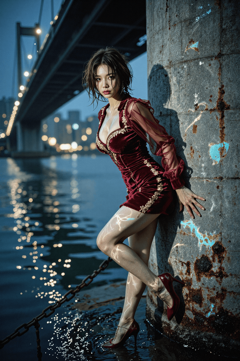AI generated: The Submerged Bridge Pylon (Fierce & Side-Profile)
a. Shooting Angle & Pose: Full side-profile mediu...