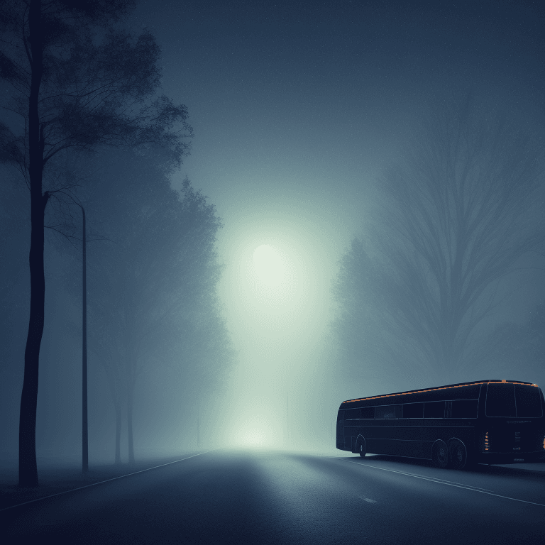AI generated: side view of a long and dark lit strange bus at a distance, in the middle of the night, moonlight, v...