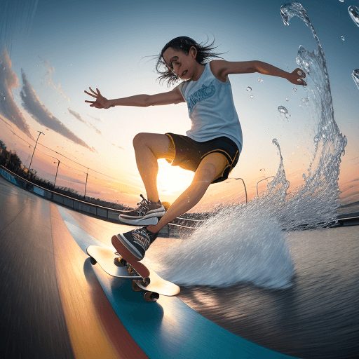 AI generated: dynamic, high-speed action, encapsulated in a warm, vibrant sunset backdrop, a tight crop focusing o...