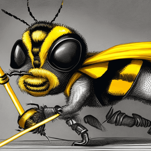 AI generated: a bumblebee wearing a wizard's hat fencing against a greyhound