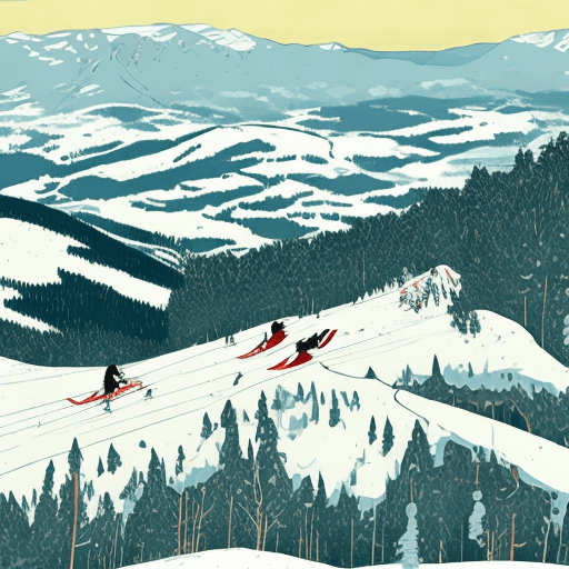 AI generated: A wide aerial view of two people skiing down a snow mountain in Vermont, art by Tomer Hanuka
