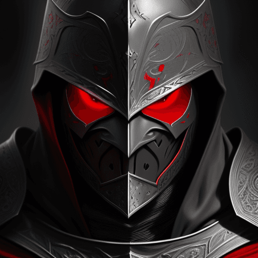 AI generated: closeup of knight from the Middle Ages, with face under the dark-red hood, with dark black energy ce...