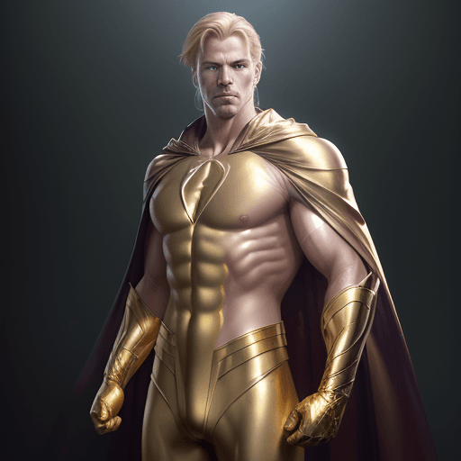 AI generated: male super hero named champion blond hair, no symbol, skin tight gold suit, gold cape, gold gloves, ...