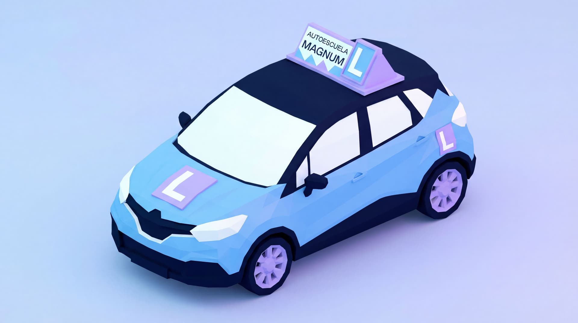 AI generated: A low poly 3D render of a compact hatchback driving school car, featuring a roof-mounted instructor ...