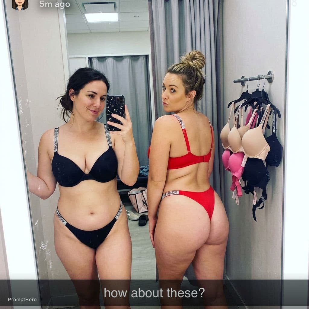 AI generated: Two 30 year old white wome take a mirror selfie in a dressing room. The dressing room rack has multi...