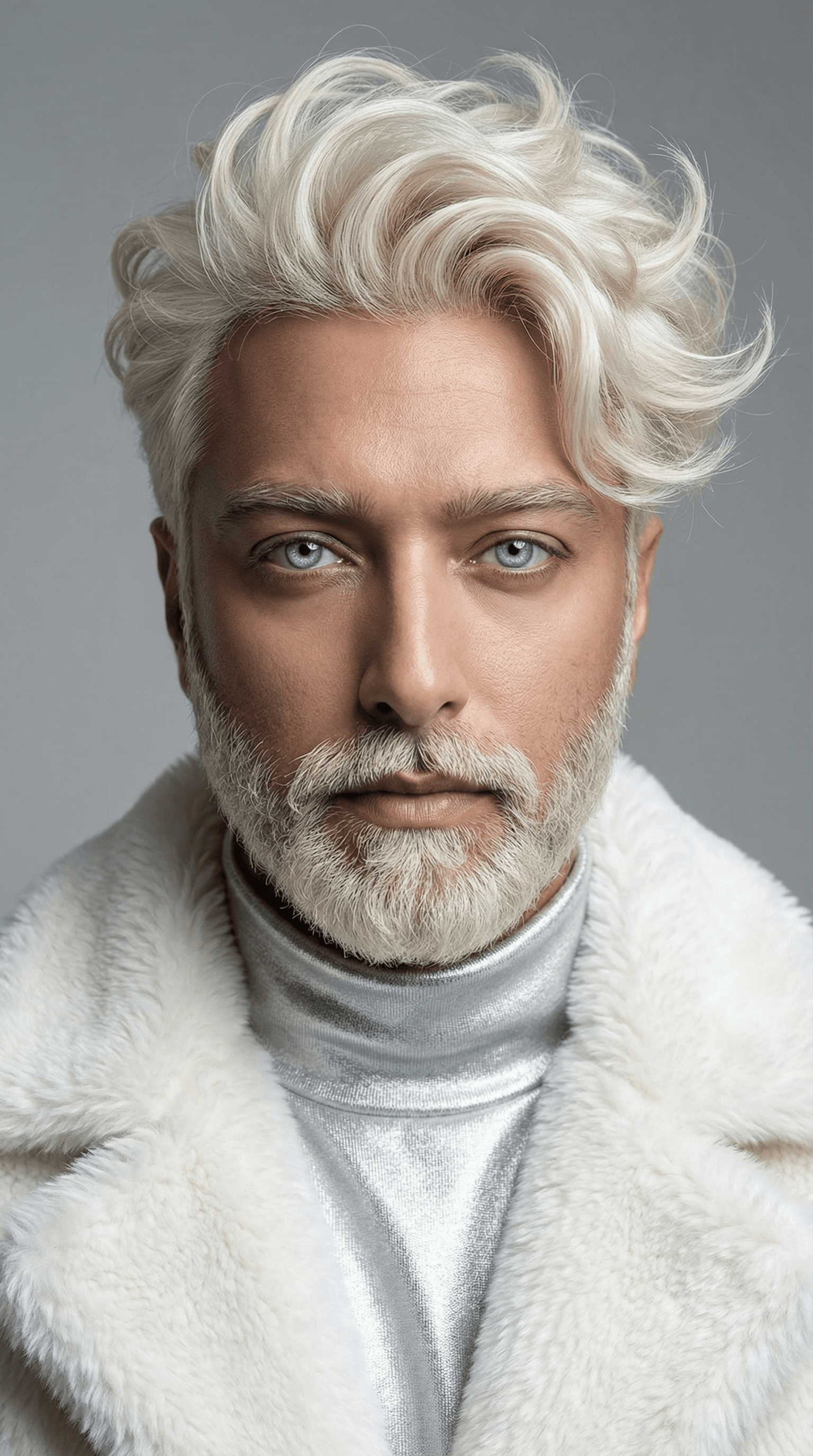 AI generated: A highly detailed and realistic portrait of a young man with striking icy blue eyes and platinum blo...