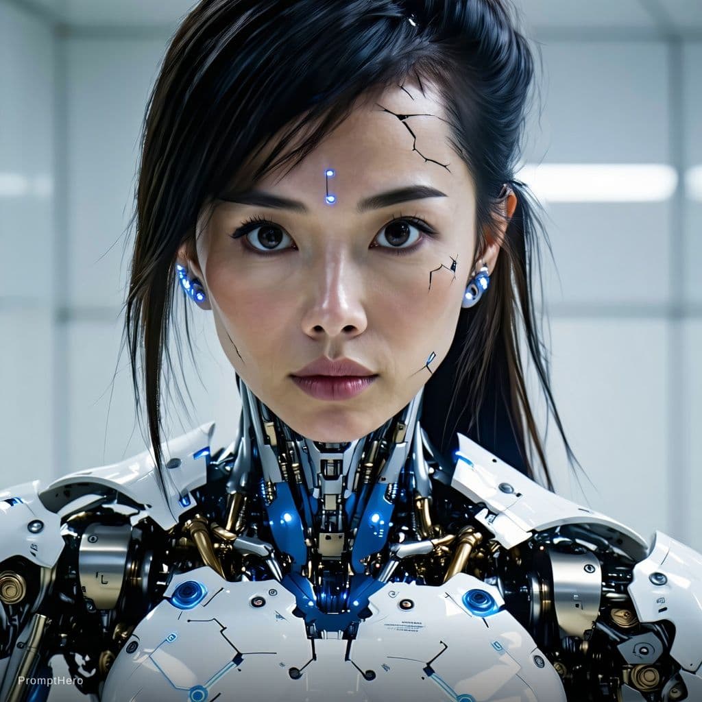 AI generated: Ultra-detailed cinematic portrait of a Hong Kong female cyborg , navy and white metallic limbs parti...