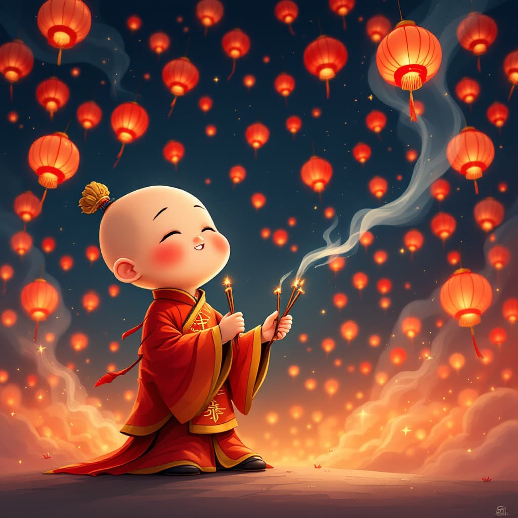 AI generated: A caricature of a cute little Chinese Taoist priest rendered in Japan, holding three slender incense...