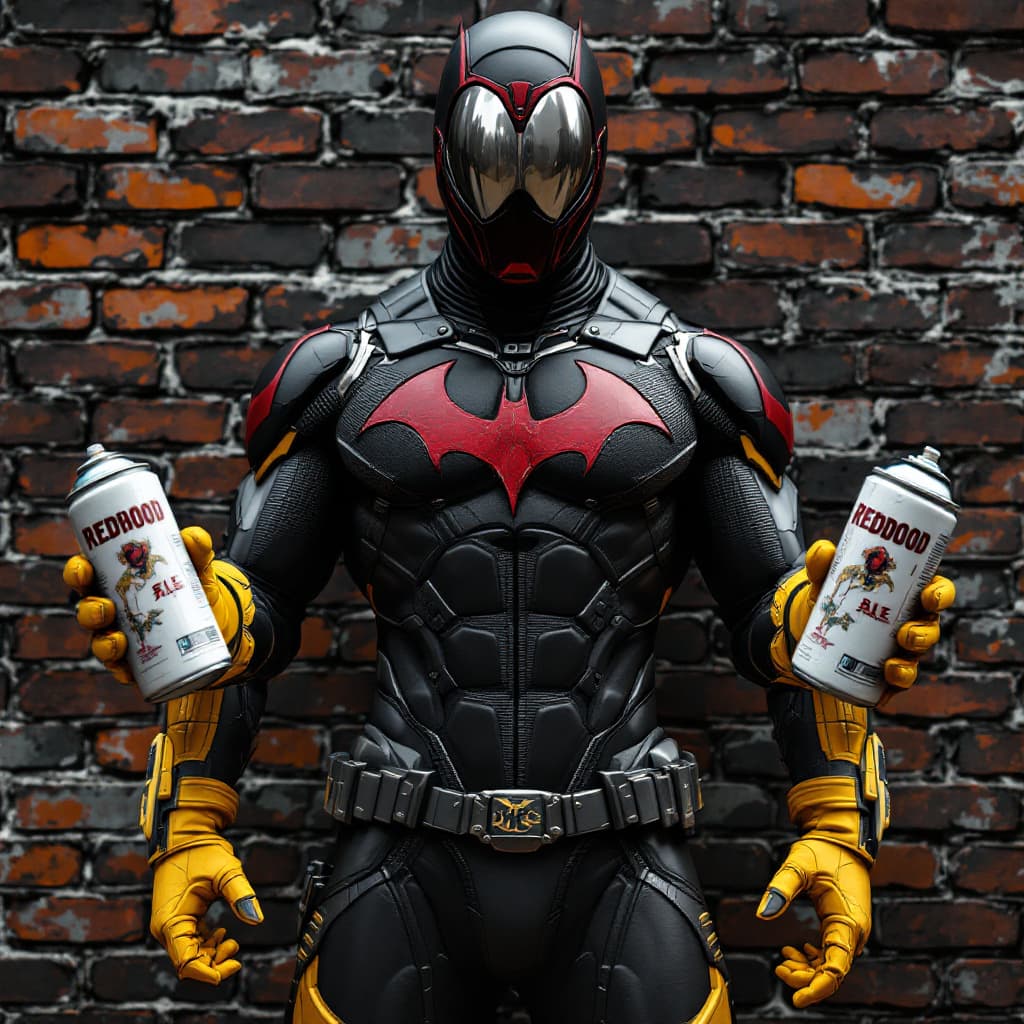 AI generated: hyper realistic WE ARE SEEING A black MALe IN A REDHOOD type of helmet FROM DC COMICS with a silver ...