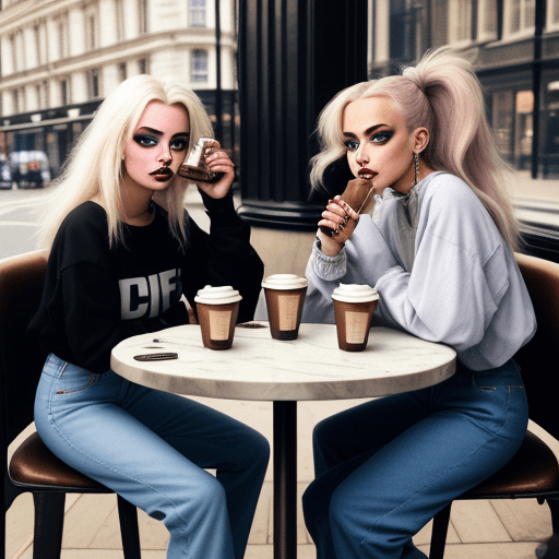 AI generated: fashion girls drinking coffe in london, with baggy jeans, y2k makeup, rats in the table