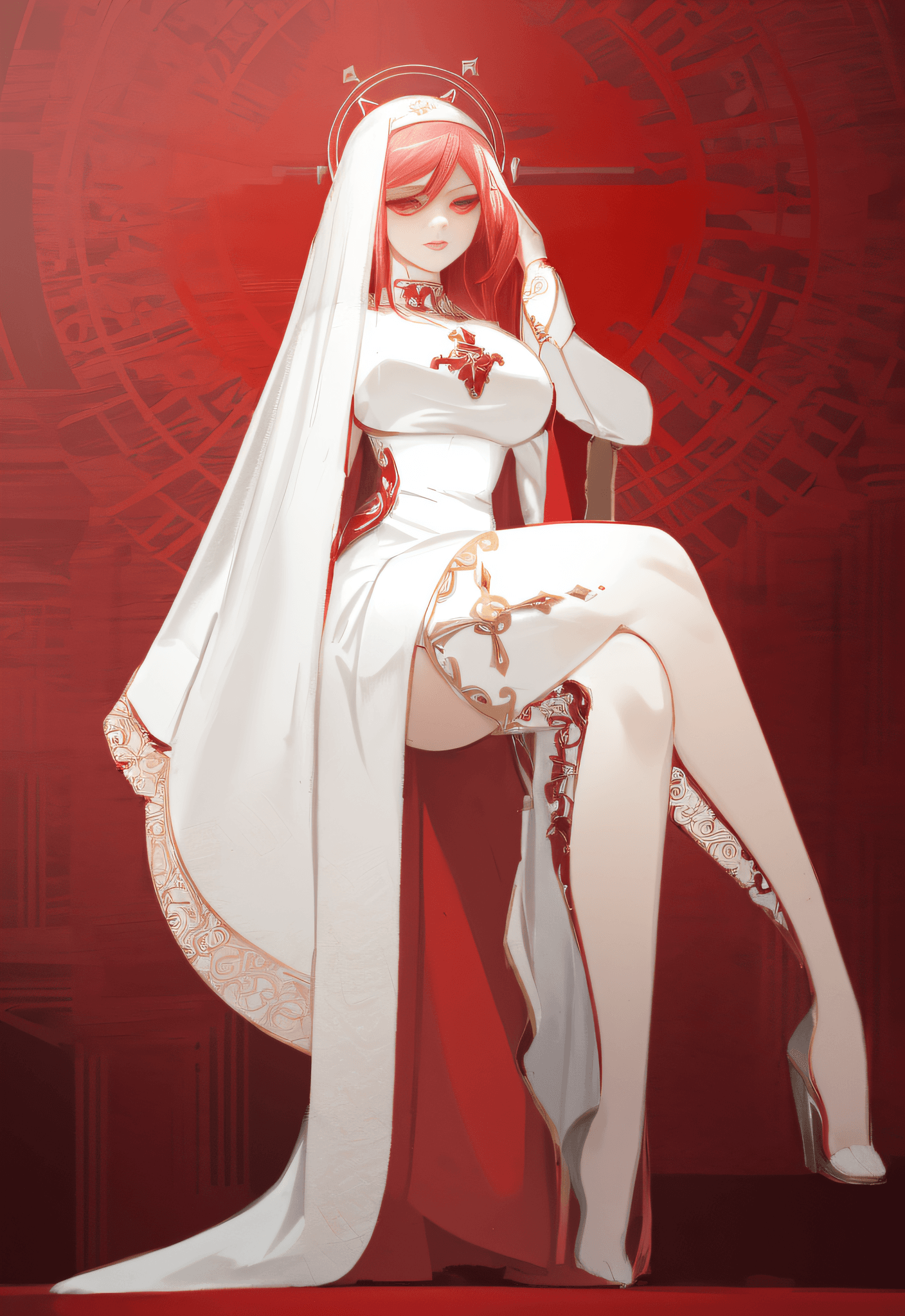 AI generated: a drawing of a woman in a white dress sitting on a red chair, dressed like a cleric, beautiful full ...