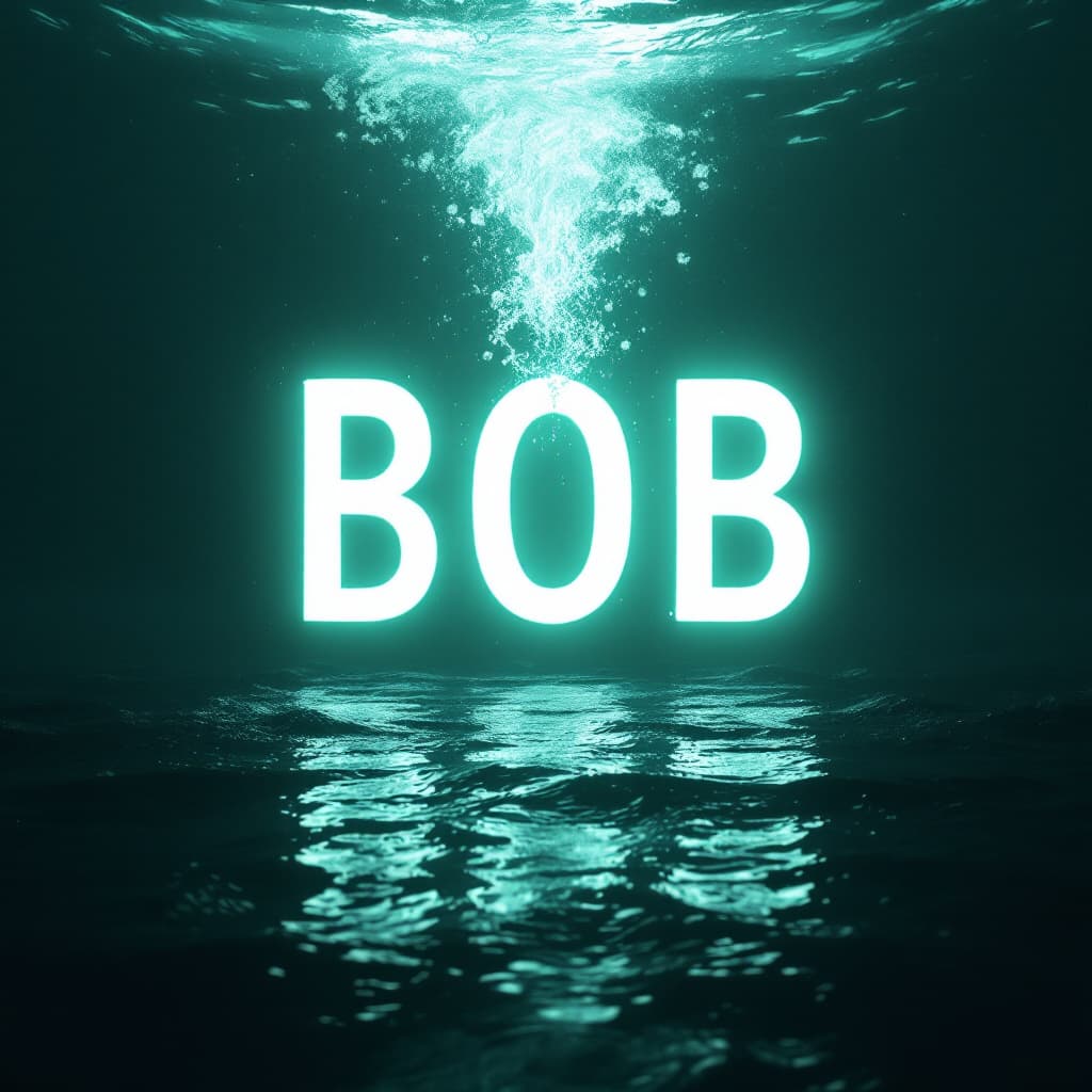 AI generated: render, letter [BOB], white color, under the water, bright light emanating from center, high contras...
