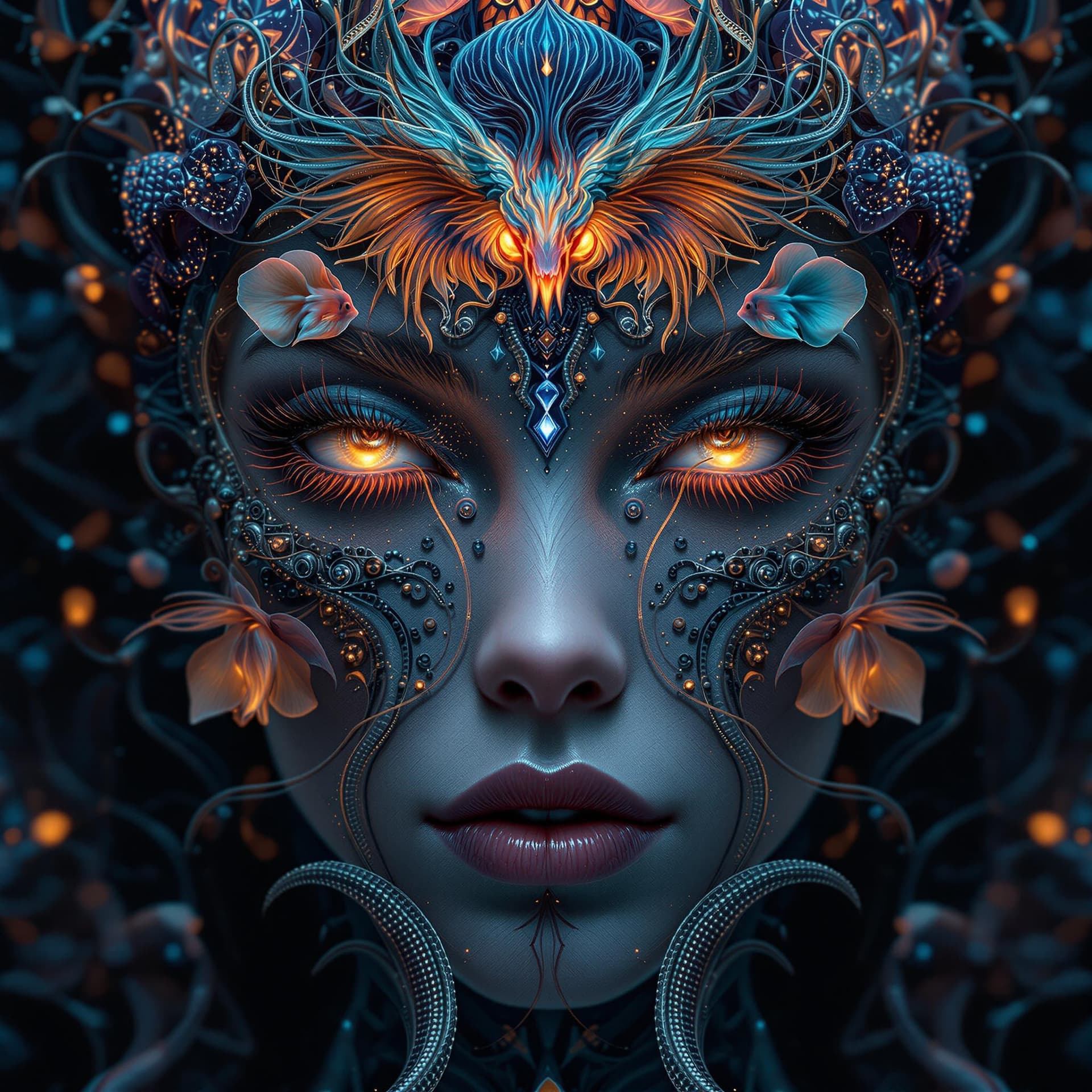 AI generated: Goddess close-up portrait ribcagel. jellyfish phoenix head, nautilus, orchid, skull, betta fish, bio...