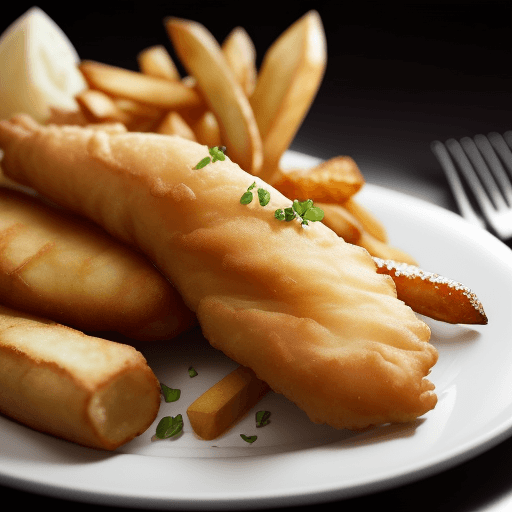AI generated: style: close-up shot | genre: gourmet | emotion: tempting | scene: fish and chips | tags: high-end f...