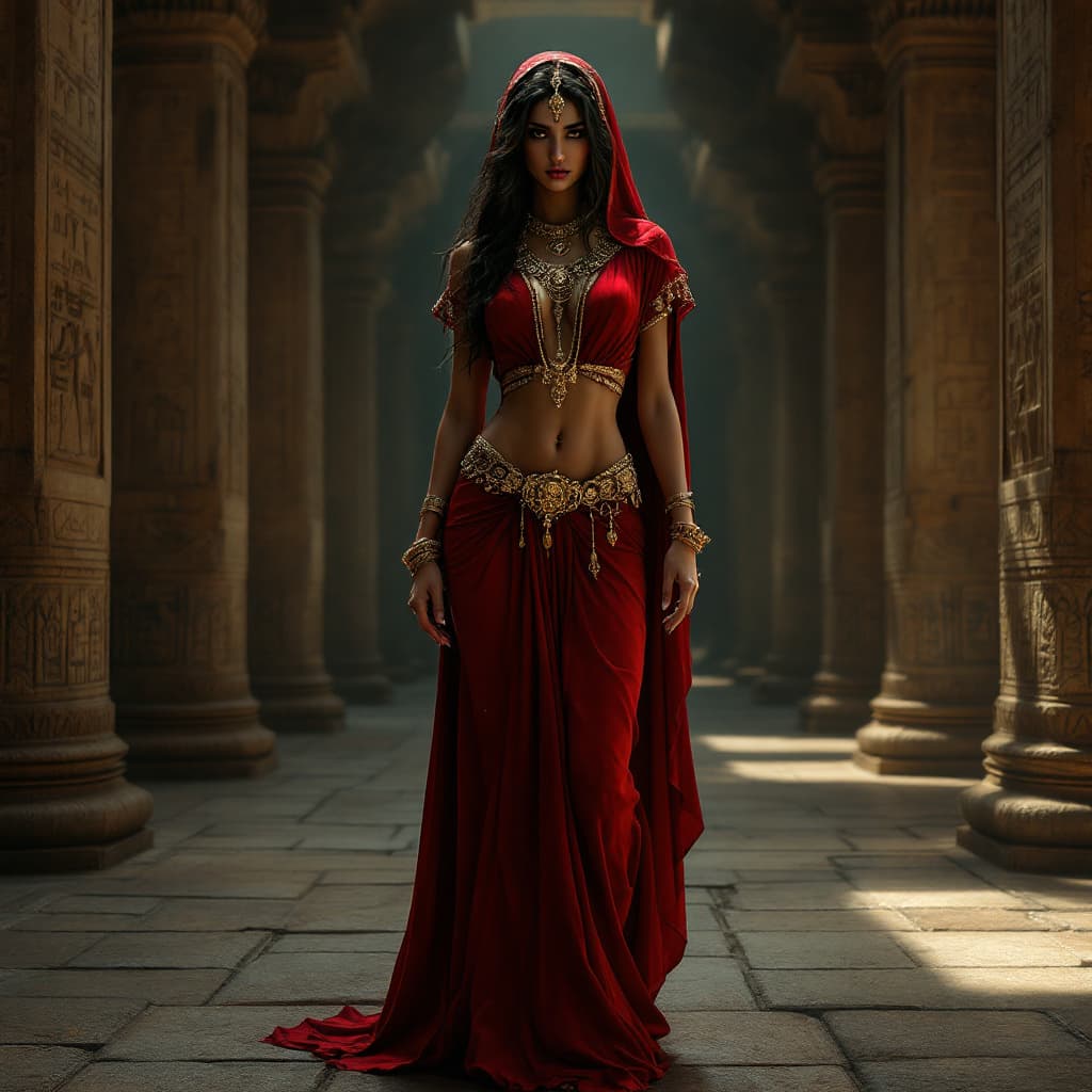 AI generated: A highly detailed CGI image features a woman with a slender, toned physique, wearing an elaborate re...