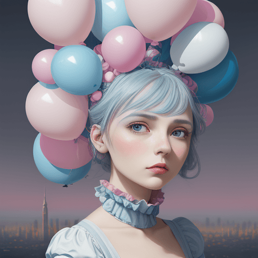 AI generated: a design of a woman's head with ballons on her head, in the style of surreal city scenes, light blue...